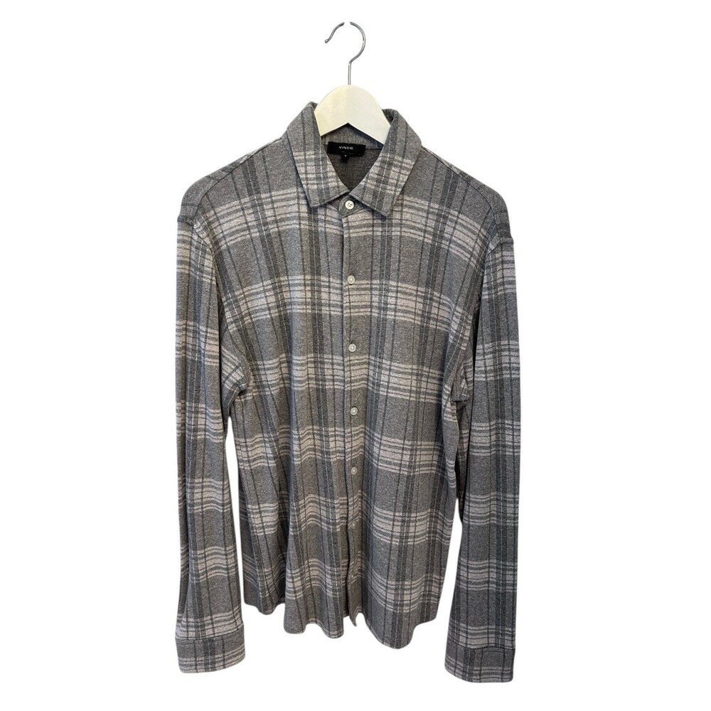 Vince Men's Plaid Slub Cotton Linen Button-Up Shirt Heather Gray, Size M